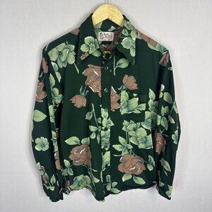 Vintage 70s The Dorce Disco Shirt Green Brown Floral Polyester Unisex Sz M